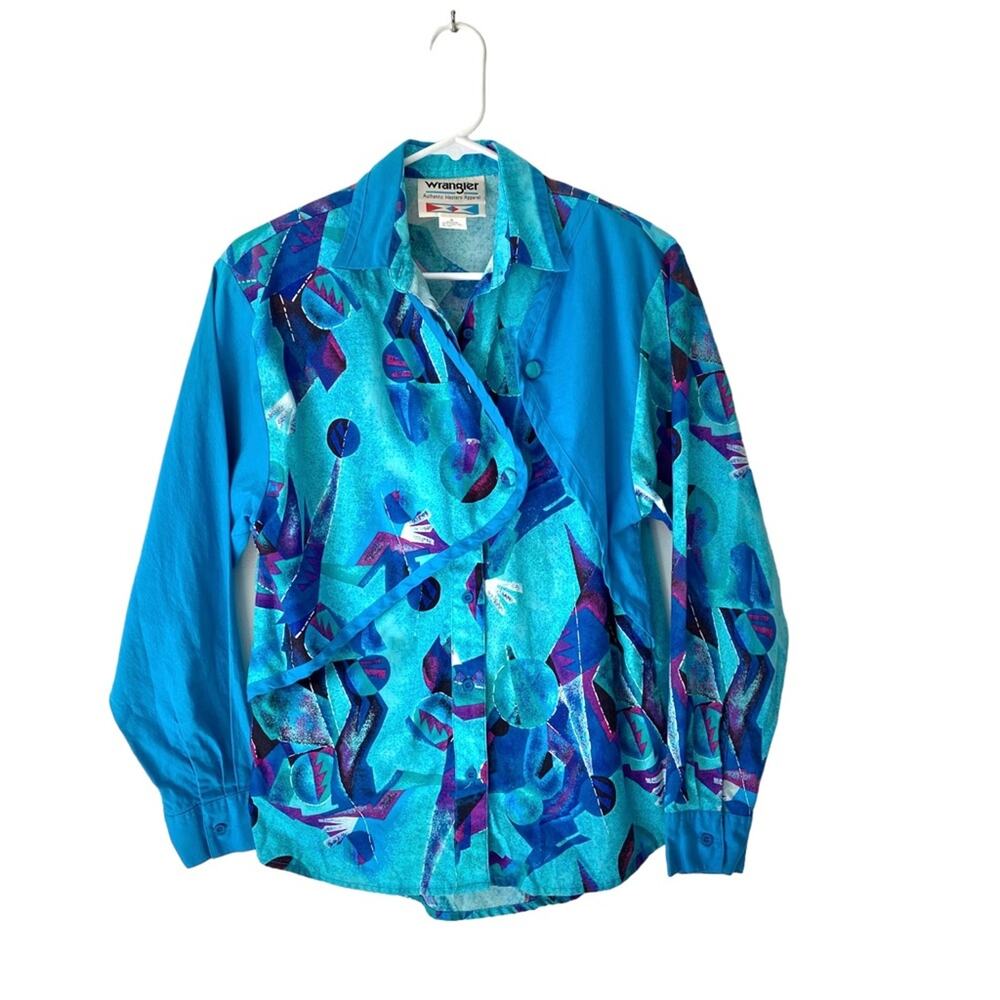 Wrangler 80s Vintage Southwestern Turquoise Blue Western Shirt Small Button Down